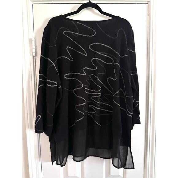MING WANG Black Silver Abstract Sparkle Sheer Hem Knit Top Artsy - Sz 2X - Picture 4 of 5